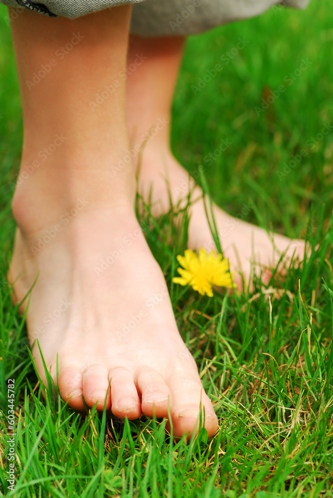 Closeup on young girl's bare feet in green grass