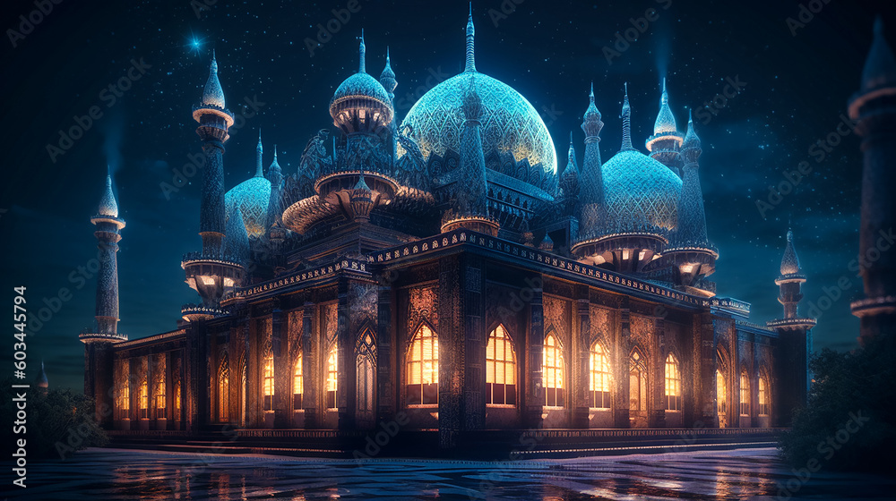 Night Adorned with Lights, the Mosque Shines in Ramadan. Generative AI.