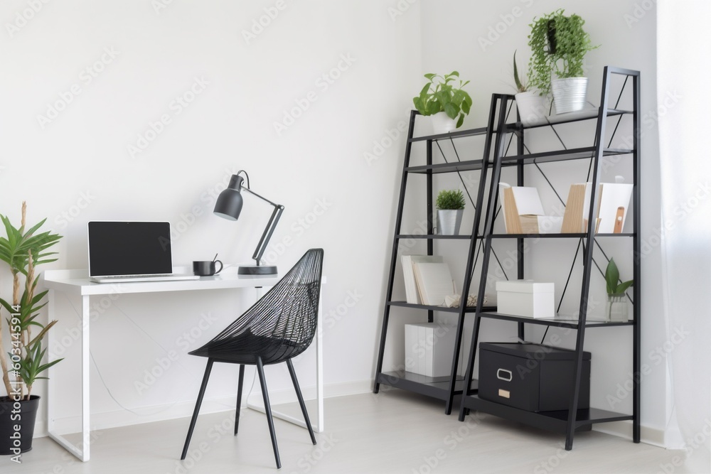 Fototapeta premium interior background indoor shelf beautiful computer lamp white contemporary work furniture room. Generative AI.