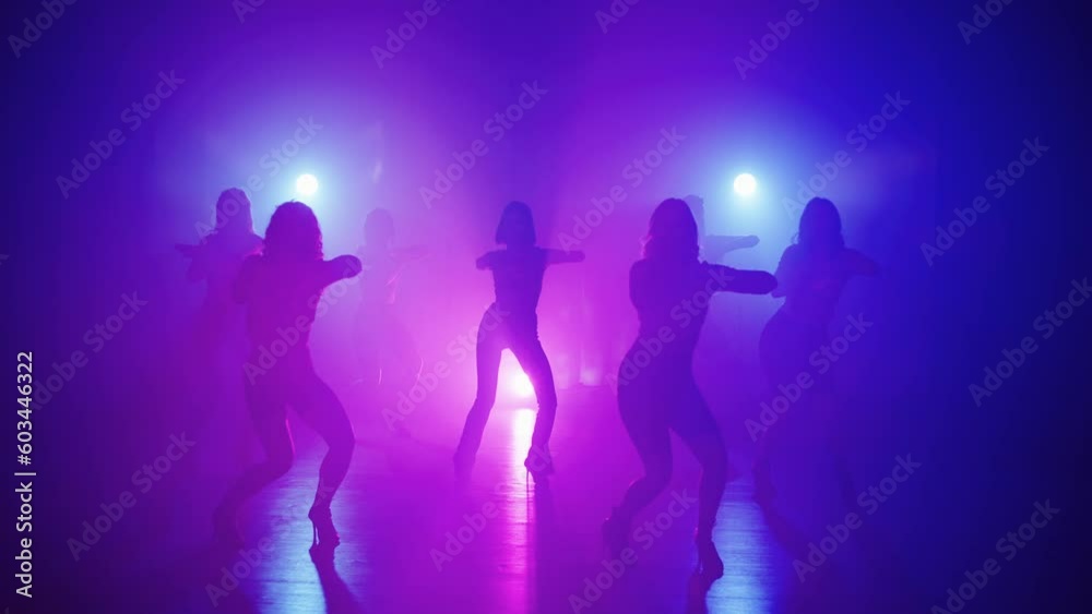 A large group of women perform synchronised choreography in high heels. Beautiful background from multi-colored spotlights. High quality 4k footage A large group of women perform synchronised choreography in high heels. Beautiful background from multi-colored spotlights. High quality 4k footage