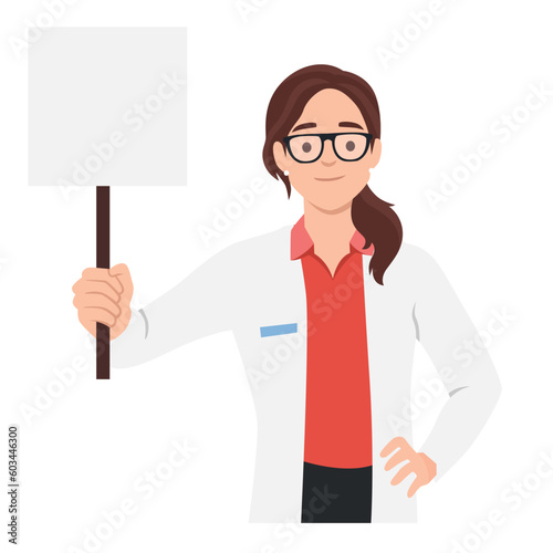 Doctor holding blank board in her hand. Woman doctor personage presenting sign. Flat vector illustration isolated on white background