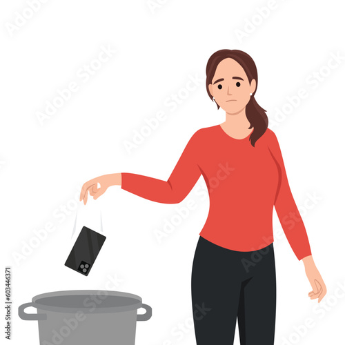 Woman throws mobile phone into the trash. Concept of digital detox, disconnecting, mediastika, device free zone, internet addiction, no mobile phobia, phubbing. Flat vector illustration isolated