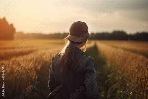 Young woman walking among the plantation. Generative AI © Dantaz