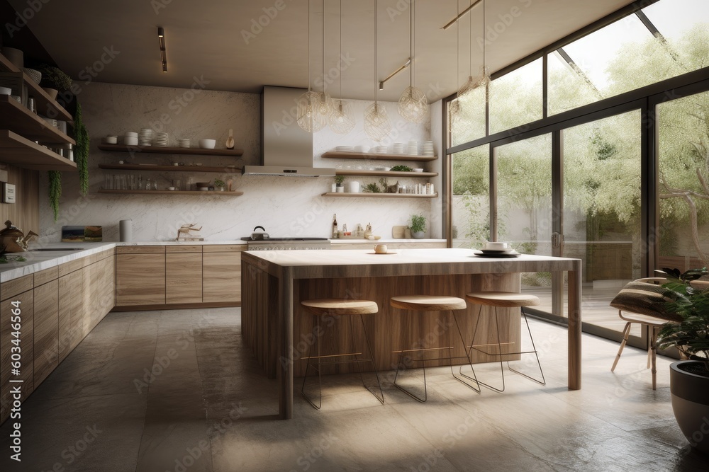 Slow Living Sustainable Modern Kitchen Interior with an Island with Bar Stools and Floating Wood Shelves Made with Generative AI