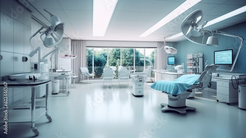 Wide shot of empty operation room with no people,Contain tools and instrument to support for treatment the patient,AI generated.