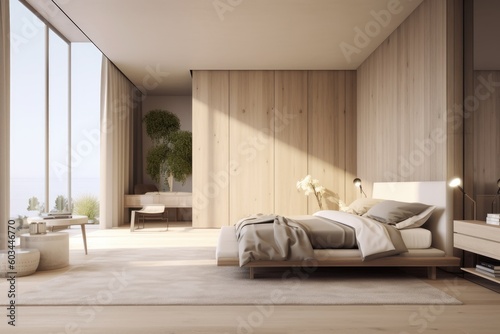 Beautiful Calm Bedroom Interior Destination Getaway with Sustainable Light Wood Accent Walls Made with Generative AI