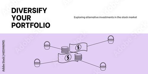 Portfolio Diversification Banner on White and Purple Background. Stylish Stock Investment Banner with Black Text and Icons for Business and Finance