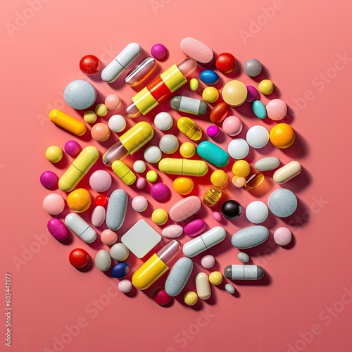 Pills, Medical and healthcare concept,Pharmaceutical medicine,Supplements pill, nutrients, probiotics, painkiller, antibiotic,vitamins, amino acid, mineral, bioactive additives,AI generated.