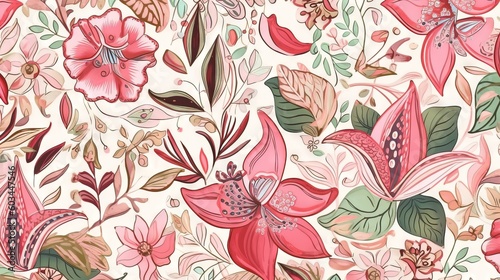  a floral pattern with pink flowers and green leaves on a white background with pink and green leaves on the bottom of the image and the bottom half of the image. generative ai