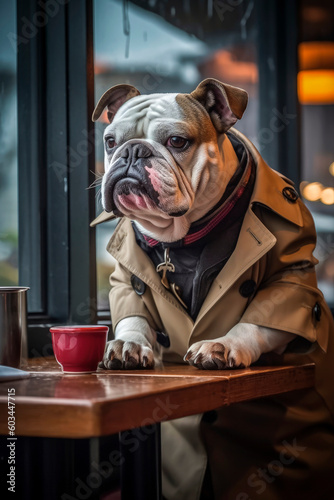 Generative AI illustration of Bulldog dog sitting at the table of a typical classic English bar drinking © Eduardo Lopez