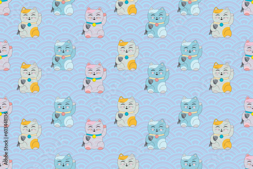 Illustration Pattern of lucky cats on blue wave background.