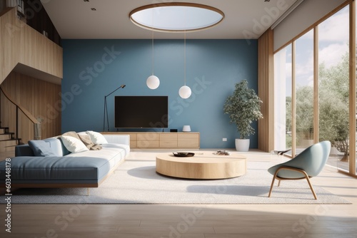 Spring Living Room Interior with Blue Accent Walls and Round Skylight Made with Generative AI