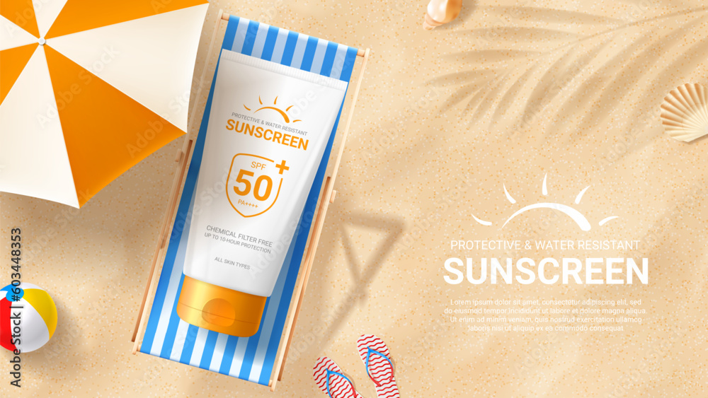 Sunscreen ad banner template. Banner with tube of sunscreen on beach chair on sand with seashells, flip flops, beach umbrella and ball. Vector 3d ad illustration for promotion of summer goods. - obrazy, fototapety, plakaty 