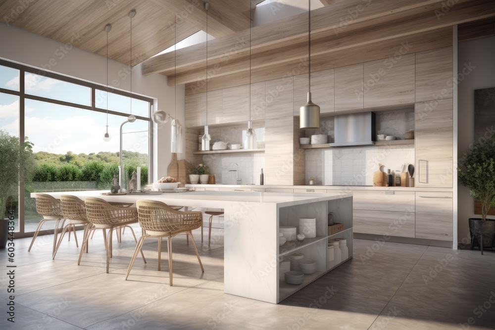 Fototapeta premium Minimal Modern Organic Wood Kitchen Interior with Wood Beam Ceilings Made with Generative AI