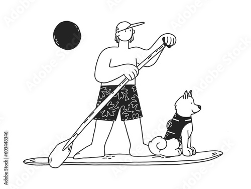 Young man on stand up paddle board with dog in life vest. Cartoon boy  and husky on SUP surfing in the sea. Black and white vector hand-drawn illustrations