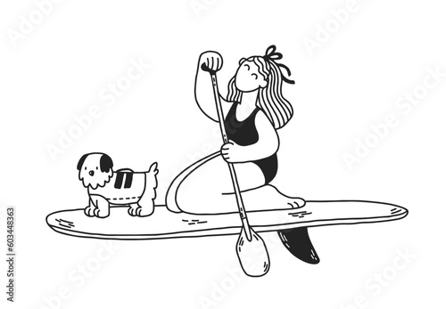 Young woman on stand up paddle board with dog in life vest. Cartoon girl and dog on SUP surfing in the sea. Black and white vector hand-drawn illustrations