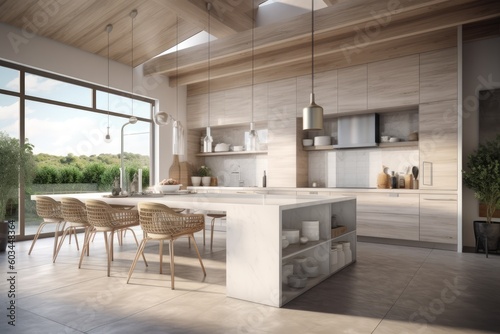 Minimal Modern Organic Wood Kitchen Interior with Wood Beam Ceilings Made with Generative AI