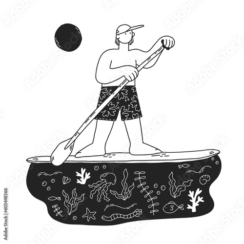 Young man on stand up paddle board. Cartoon boy on SUP surfing in the sea. Black and white vector hand-drawn illustrations