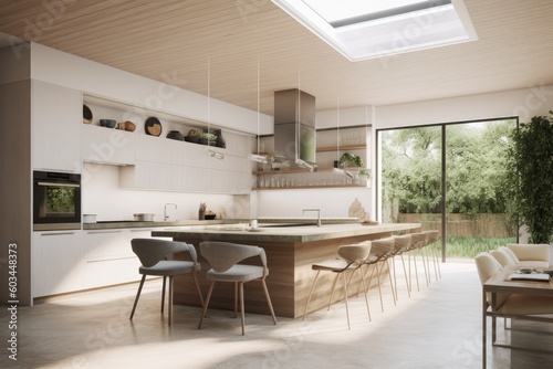 Modern Spring Kitchen Interior with Floating Wood Island and White Cabinets Made with Generative AI
