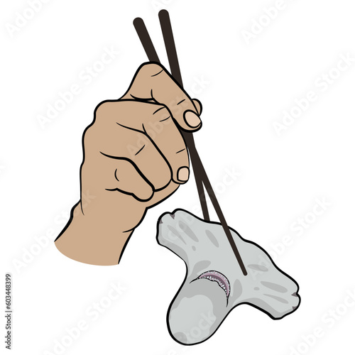 Human hand holding a head of hammerhead shark with chopsticks. Creative seafood design. Isolated vector illustration.