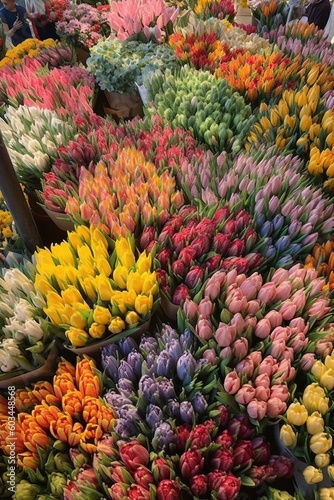 The colors of local street markets. Flowers, tulip, full color. Grocery store, generative ai, fruit, vegetable, greens, street market, fish. 