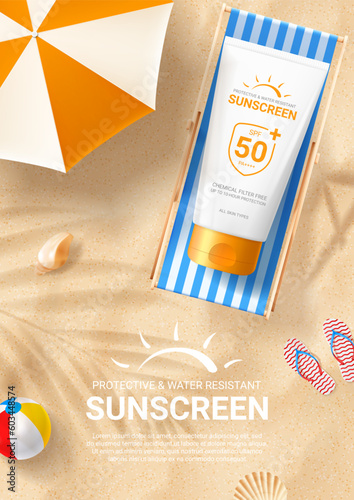 Sunscreen ad poster template. Flyer with tube of sunscreen on beach chair on sand with seashells, flip flops, beach umbrella and ball. Vector 3d ad illustration for promotion of summer goods.