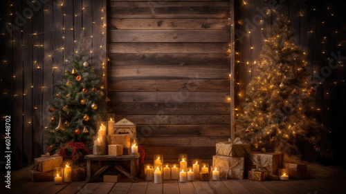 Christmas background. Christmas composition on a wooden background. Christmas house with tree and wooden surface with bokeh lights. Free space for text, Copyspace. Generative AI