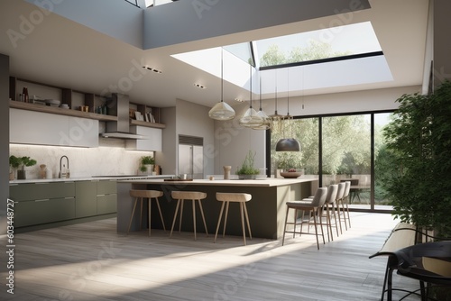 Calm Kitchen Modern Interior with Skylight and Pendant Lights Made with Generative AI