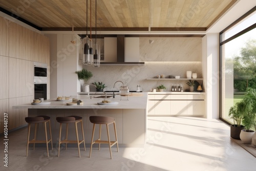 Clean Kitchen Interior with Wood Accent Ceiling and Sustainable Decor Made with Generative AI