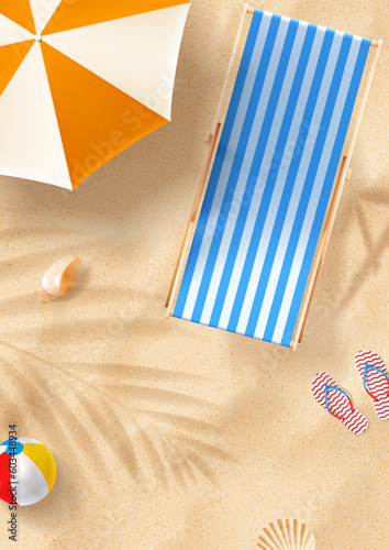 Vector poster of summer beach. Flyer with beach chair on sand with seashells, flip flops, beach umbrella and ball. Vector 3d ad illustration for promotion of summer goods.