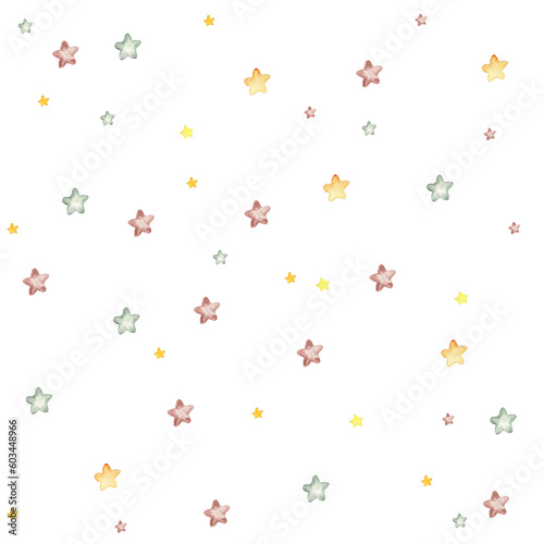 Watercolor hand painted stars seamless pattern. Illustration isolated on white background. Design for fabric, baby shower party, birthday, cake, holiday design, greetings card, invitation.