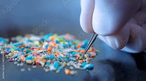 Macro shot of a person with medical gloves and tweezers inspecting a pile of micro plastics. Concept of water pollution and global warming. Cool blue filter applied.