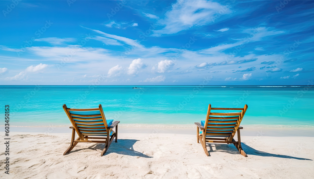 Summer landscape of a sunchair in an amazing ocean beach resort.