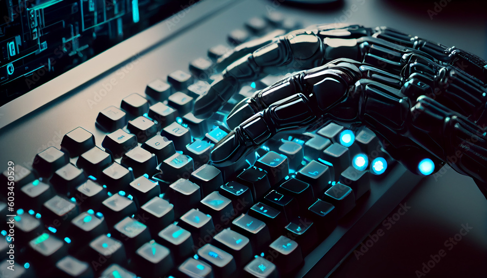 Humanoid robot hands typing on a computer keyboard. Ai generated image Humanoid robot hands typing on a computer keyboard. Ai generated image