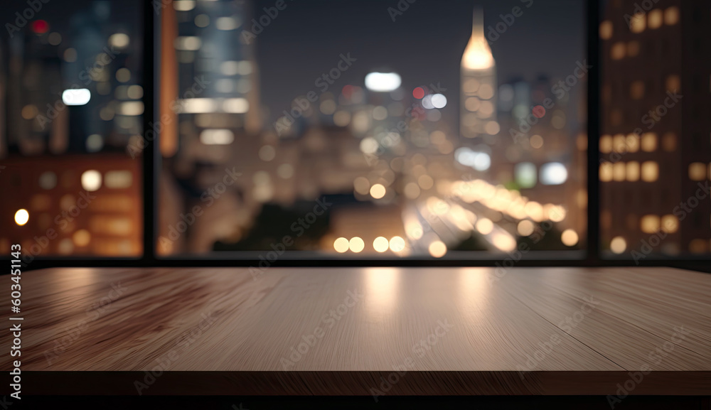 Blank empty wooden bar tabletop focused with blurry bokeh light of city scape, building view background, for mock up and montage product display advertisement, with Generative AI. Blank empty wooden bar tabletop focused with blurry bokeh light of city scape, building view background, for mock up and montage product display advertisement, with Generative AI.