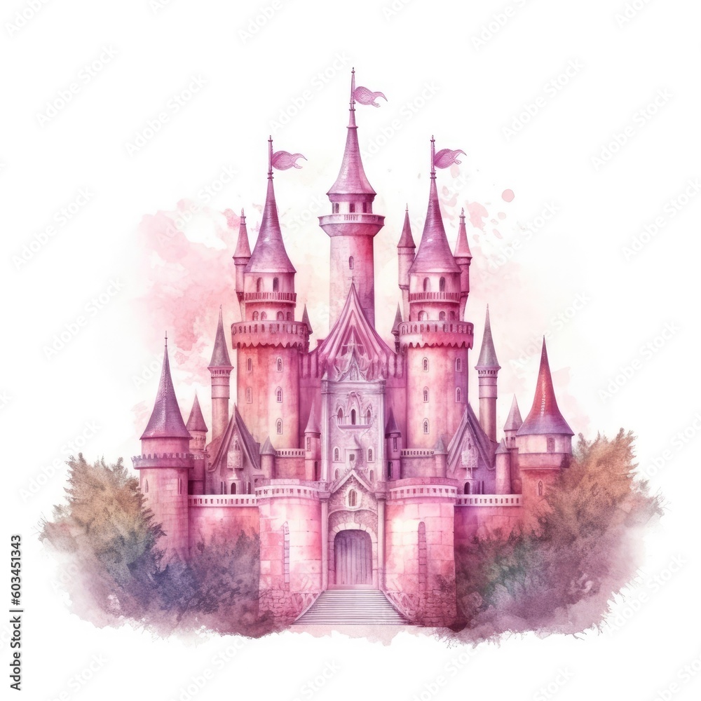 An isolated illustration of a pink watercolor castle. (Generative AI)