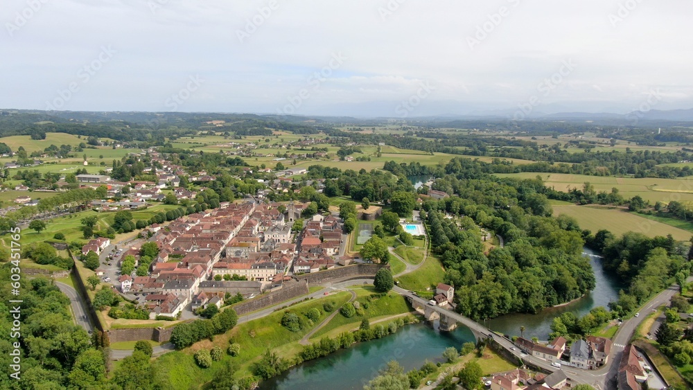 Aerial view of the heart of the Pyrenean city of Navarrenx, France