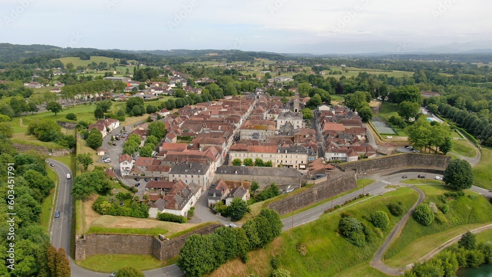 Aerial view of the city of Navarrenx from above the gave of Oloron