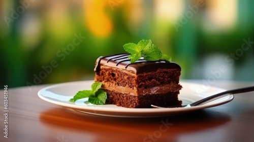 A piece of chocolate cake with mint. Illustration AI Generative.