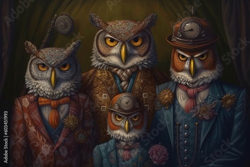Feathered Family Portraiture Detailed Owl Costumes on Display Generative AI