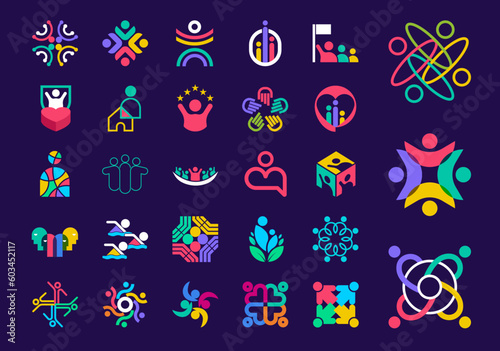 Unique people shape logo set. Unique color transitions. People team logo template. vector