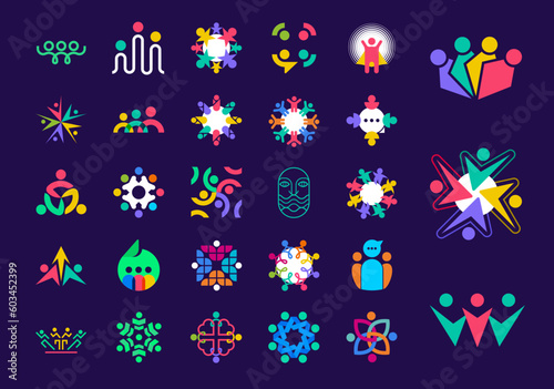 Unique people shape logo set. Unique color transitions. People team logo template. vector