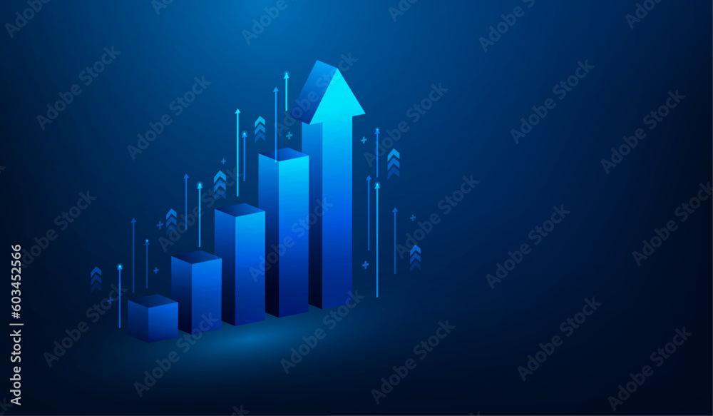 3d business investment and graph arrow up growth on blue dark background. achievement technology. income and return on investment. trading stock market increase concept. vector illustration fantastic. 3d business investment and graph arrow up growth on blue dark background. achievement technology. income and return on investment. trading stock market increase concept. vector illustration fantastic.