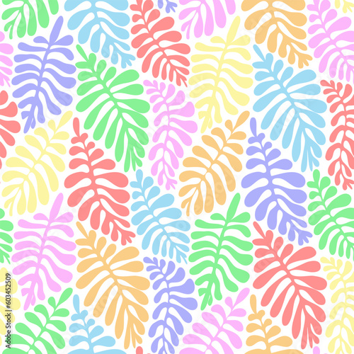 Aesthetic contemporary printable seamless pattern with leaves in pastel rainbow colors. Modern floral background for textile, fabric, wallpaper, wrapping, gift wrap, paper, scrapbook and packaging