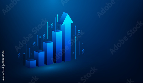 3d business investment and graph arrow up growth on blue dark background. achievement technology. income and return on investment. trading stock market increase concept. vector illustration fantastic.