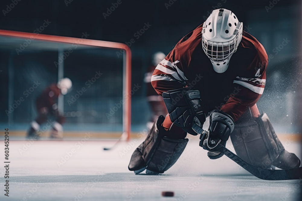 Hockey goalkeeper in a red uniform and a white mask hits the puck at the match. Generative AI