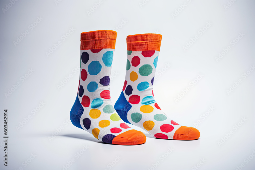 Pair of multi-colored socks with polka dots on a light background. Generative AI Pair of multi-colored socks with polka dots on a light background. Generative AI
