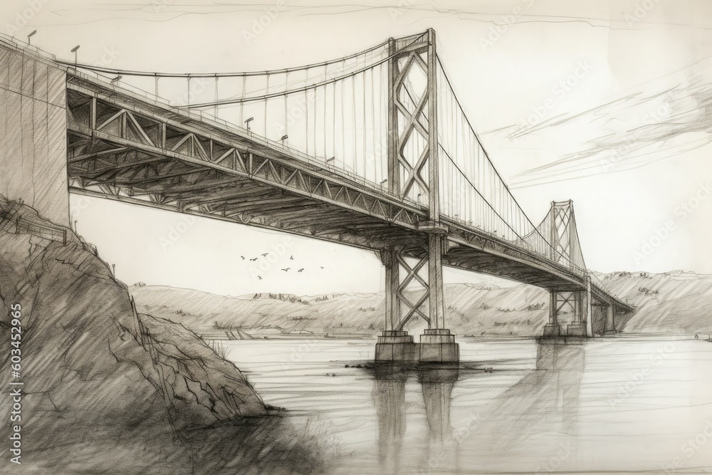 Illustration of a bridge with pylons over a river. Generative AI