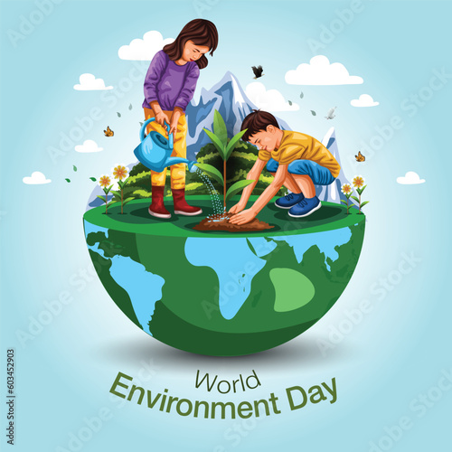 Kids Planting, Creative design world environment and earth day drawing and painting concept. abstract vector illustration design