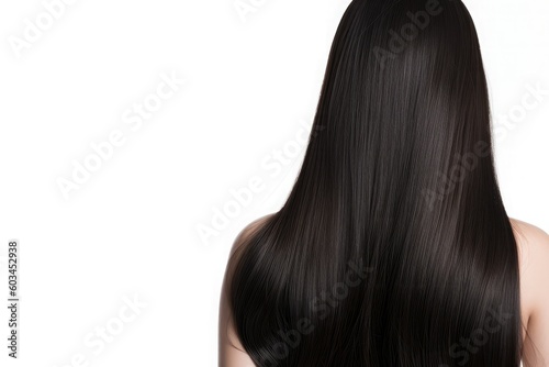 Beautiful long black hair and female shoulders isolated on white background. Generative AI